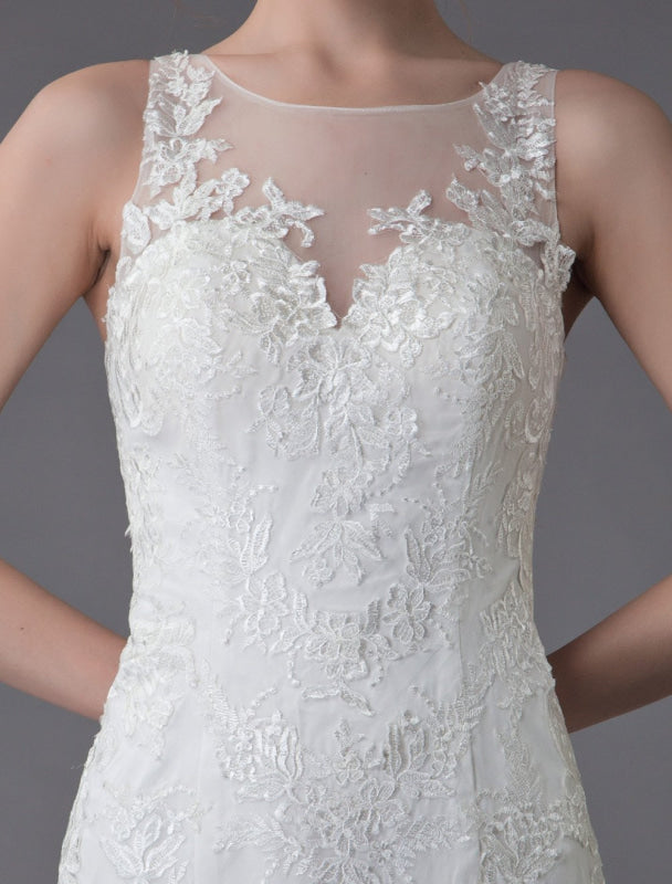 Lace Wedding Dress Ivory Illusion Sleeveless Beach Wedding Dress