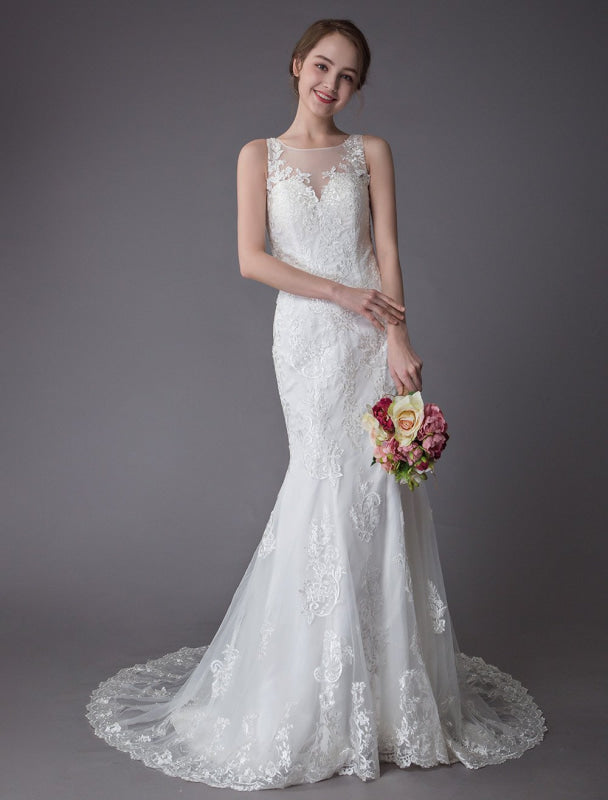 Lace Wedding Dress Ivory Illusion Sleeveless Beach Wedding Dress