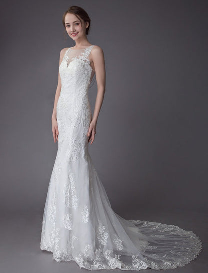 Lace Wedding Dress Ivory Illusion Sleeveless Beach Wedding Dress