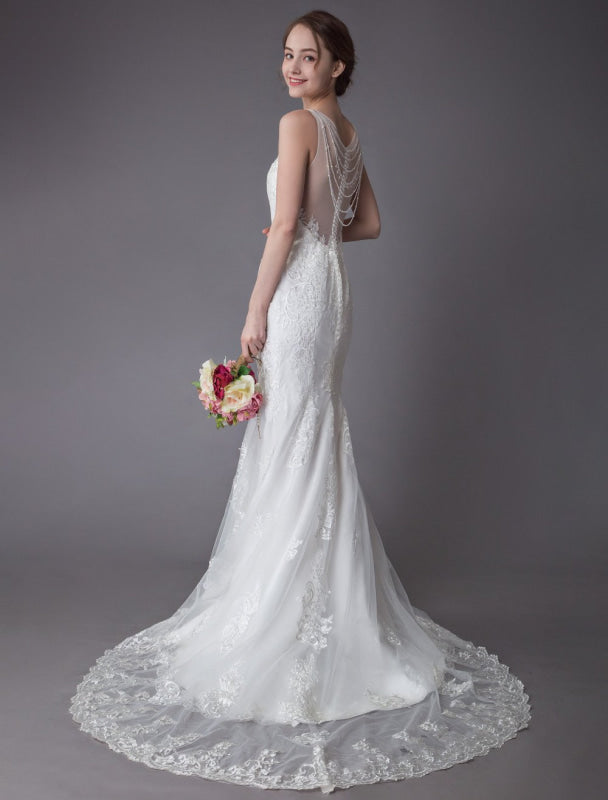 Lace Wedding Dress Ivory Illusion Sleeveless Beach Wedding Dress