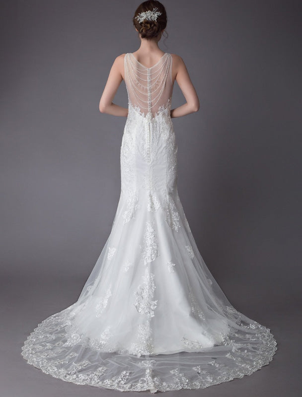 Lace Wedding Dress Ivory Illusion Sleeveless Beach Wedding Dress