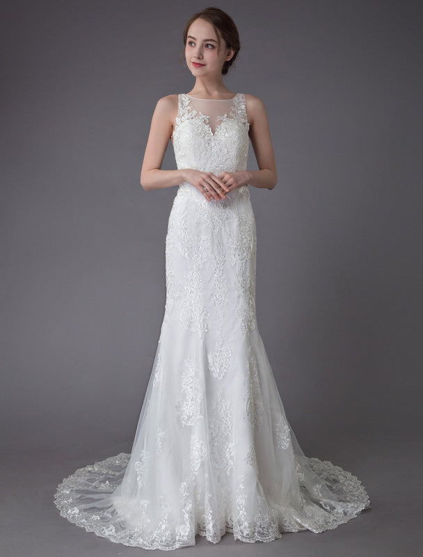 Lace Wedding Dress Ivory Illusion Sleeveless Beach Wedding Dress