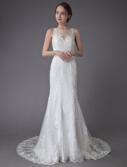 Lace Wedding Dress Ivory Illusion Sleeveless Beach Wedding Dress