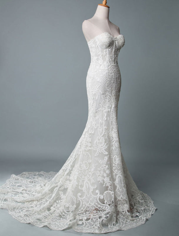 Strapless Lace Wedding Dress Mermaid Sweetheart Sleeveless Bridal Dresses With Train