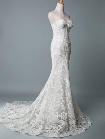 Strapless Lace Wedding Dress Mermaid Sweetheart Sleeveless Bridal Dresses With Train