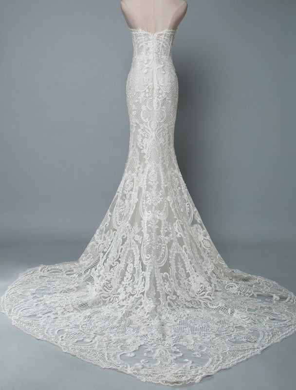 Strapless Lace Wedding Dress Mermaid Sweetheart Sleeveless Bridal Dresses With Train