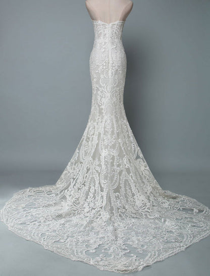 Strapless Lace Wedding Dress Mermaid Sweetheart Sleeveless Bridal Dresses With Train
