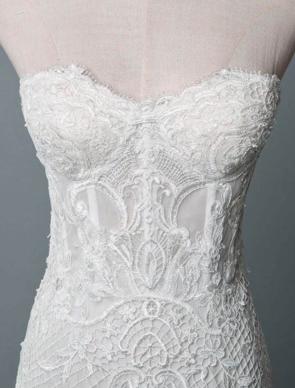 Strapless Lace Wedding Dress Mermaid Sweetheart Sleeveless Bridal Dresses With Train