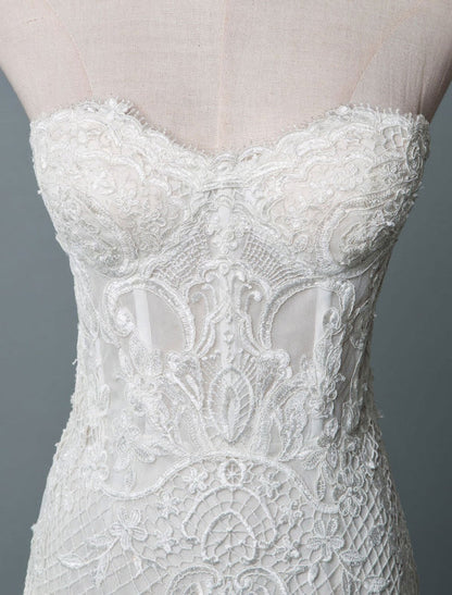 Strapless Lace Wedding Dress Mermaid Sweetheart Sleeveless Bridal Dresses With Train