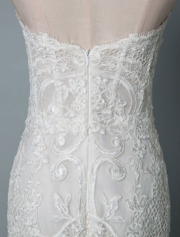Strapless Lace Wedding Dress Mermaid Sweetheart Sleeveless Bridal Dresses With Train