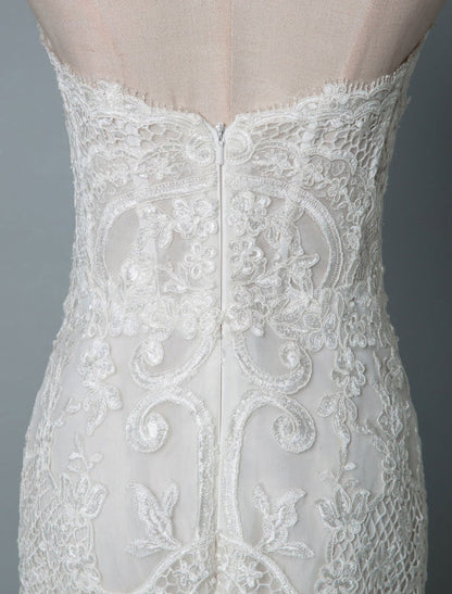 Strapless Lace Wedding Dress Mermaid Sweetheart Sleeveless Bridal Dresses With Train