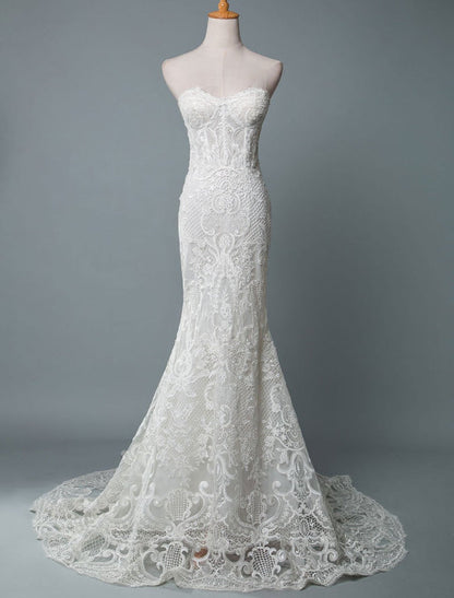 Strapless Lace Wedding Dress Mermaid Sweetheart Sleeveless Bridal Dresses With Train