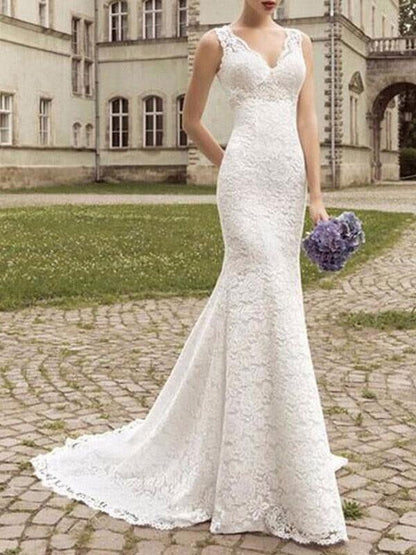 Lace Wedding Dress Mermaid V Neck Sleeveless Floor Length Beach Bridal Gowns