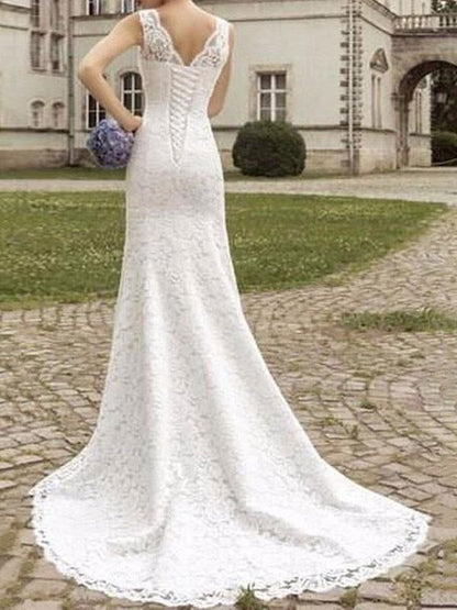 Lace Wedding Dress Mermaid V Neck Sleeveless Floor Length Beach Bridal Gowns