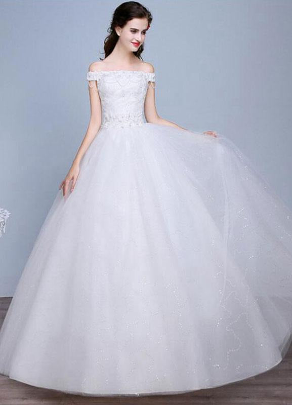 Lace Wedding Dress Off The Shoulder Floor Length Lace Up Applique Bridal Dress With Beads Sequins