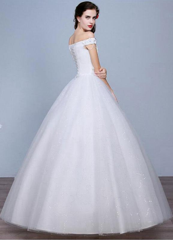 Lace Wedding Dress Off The Shoulder Floor Length Lace Up Applique Bridal Dress With Beads Sequins