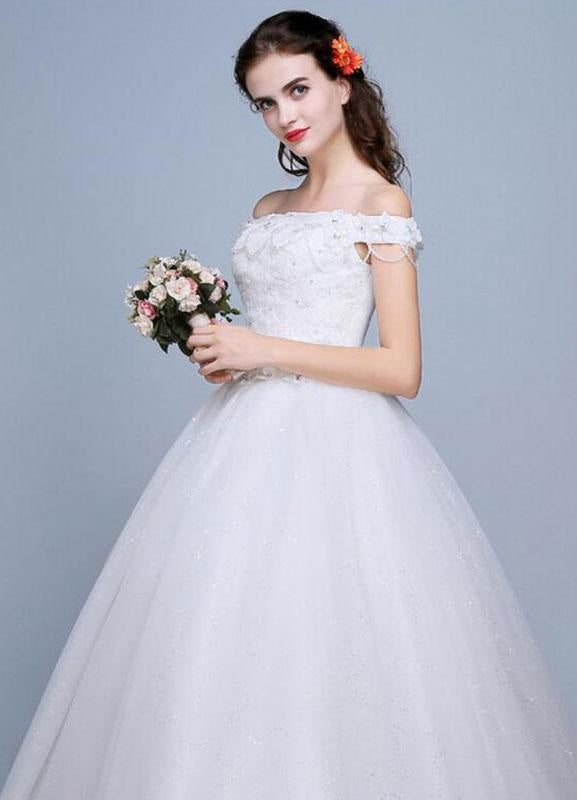 Lace Wedding Dress Off The Shoulder Floor Length Lace Up Applique Bridal Dress With Beads Sequins