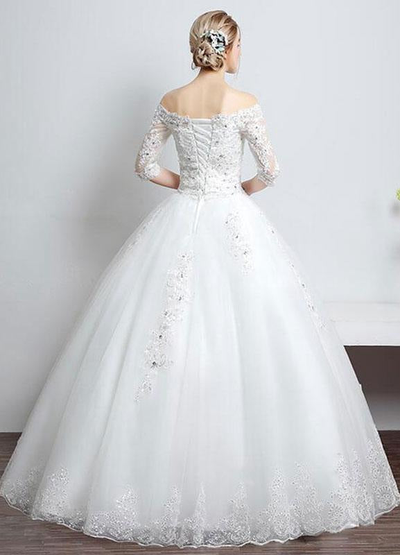 Lace Wedding Dress Off The Shoulder Ivory A Line Lace Up Half Sleeve Sequined Floor Length Bridal Dress