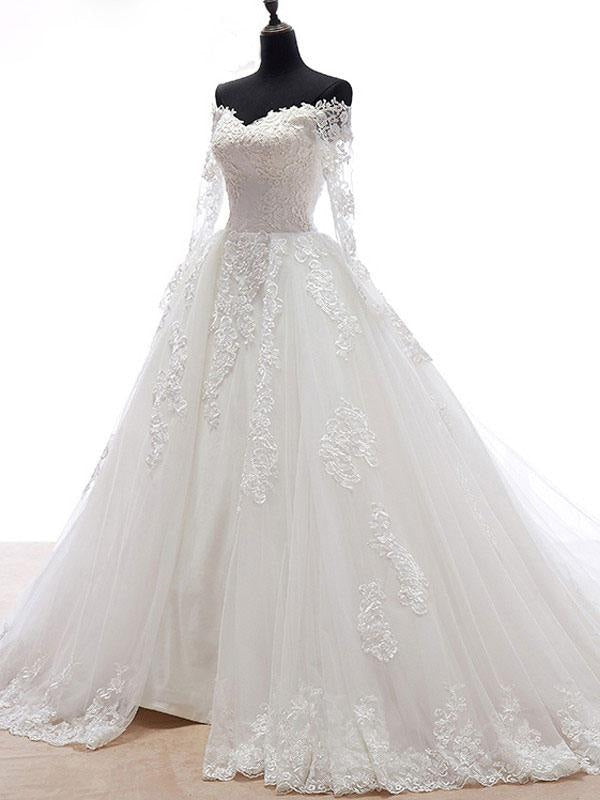 Lace Wedding Dress Princess Bridal Dress White Off The Shoulder Applique Illusion Heart Back Design Luxury Bridal Gown With Cathedral Train