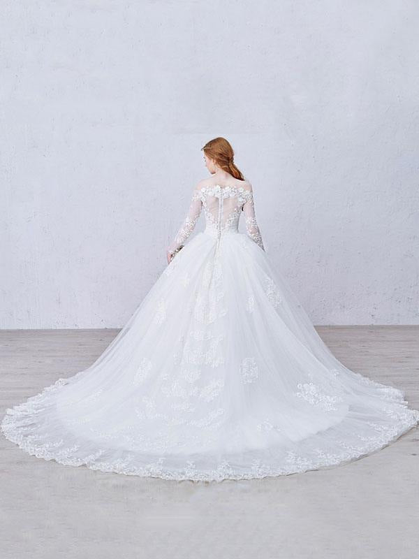 Lace Wedding Dress Princess Bridal Dress White Off The Shoulder Applique Illusion Heart Back Design Luxury Bridal Gown With Cathedral Train