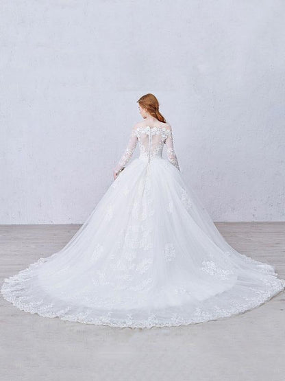 Lace Wedding Dress Princess Bridal Dress White Off The Shoulder Applique Illusion Heart Back Design Luxury Bridal Gown With Cathedral Train