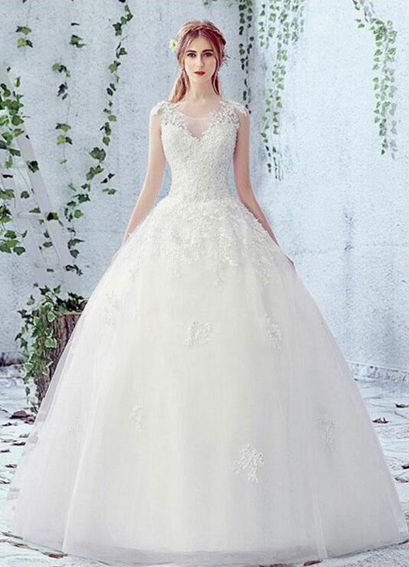 Lace Wedding Dress Scoop Neck Sleeveless Satin Bridal Dress With Beads
