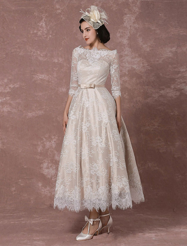 Vintage Champagne Lace Wedding Dress Bateau Neck Half Sleeve Tea Length Bridal Gown