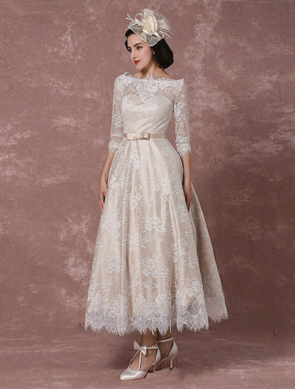 Vintage Champagne Lace Wedding Dress Bateau Neck Half Sleeve Tea Length Bridal Gown