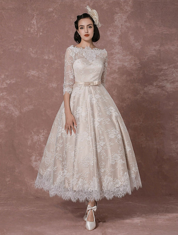 Vintage Champagne Lace Wedding Dress Bateau Neck Half Sleeve Tea Length Bridal Gown