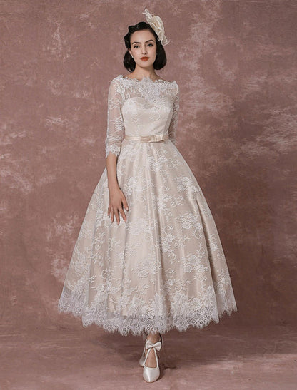 Vintage Champagne Lace Wedding Dress Bateau Neck Half Sleeve Tea Length Bridal Gown