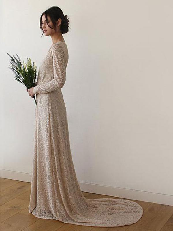 Lace Wedding Dress With Train A-Line Long Sleeves V-Neck Ivory Bridal Gowns