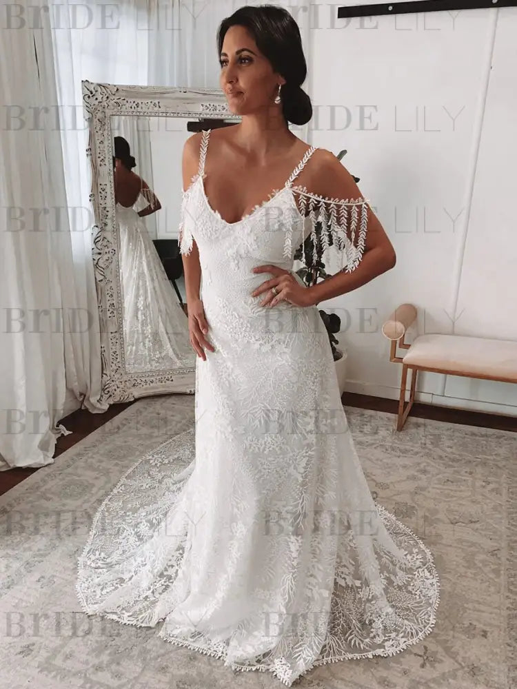 Lace Wedding Dress With Train Ivory A-Line Sleeveless V-Neck Backless Bridal Gowns