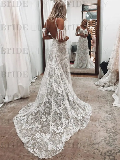 Lace Wedding Dress With Train Ivory A-Line Sleeveless V-Neck Backless Bridal Gowns