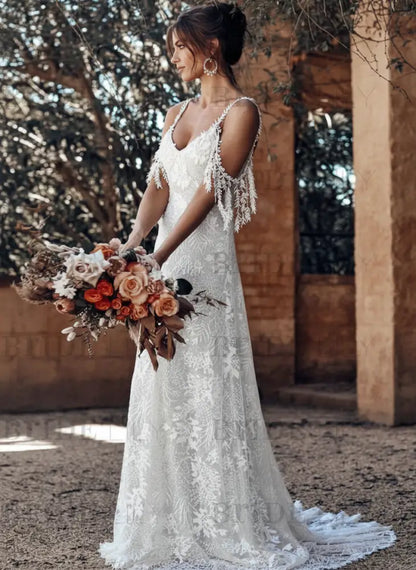 Lace Wedding Dress With Train Ivory A-Line Sleeveless V-Neck Backless Bridal Gowns