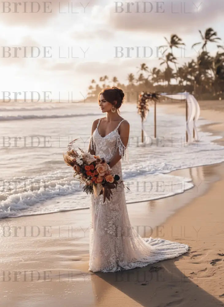 Lace Wedding Dress With Train Ivory A-Line Sleeveless V-Neck Backless Bridal Gowns