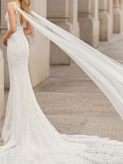 Lace Wedding Dress WMermaid Sleeveless Lace Tulle V-Neck Bridal Gowns