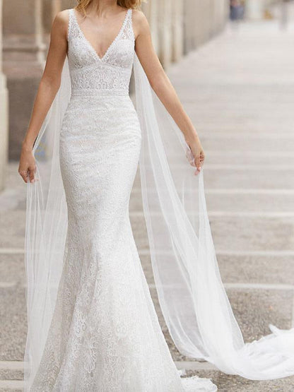 Lace Wedding Dress WMermaid Sleeveless Lace Tulle V-Neck Bridal Gowns
