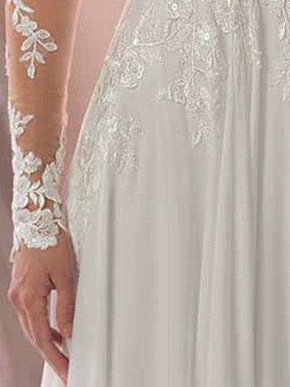 Lace Wedding Dresses Chiffon V Neck A Line Long Sleeve Lace Applique Beach Wedding Bridal Dress With Train
