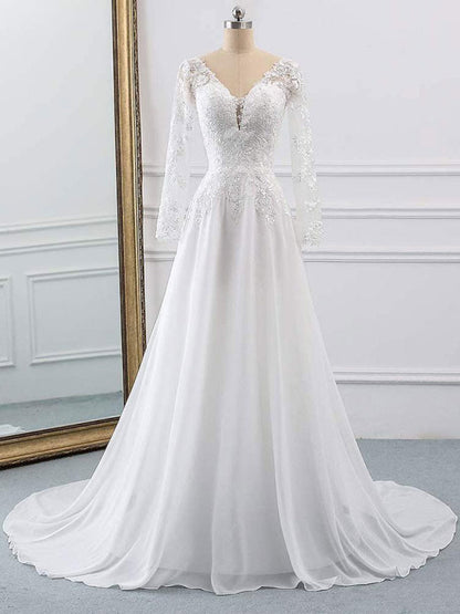 Lace Wedding Dresses Chiffon V Neck A Line Long Sleeve Lace Applique Beach Wedding Bridal Dress With Train