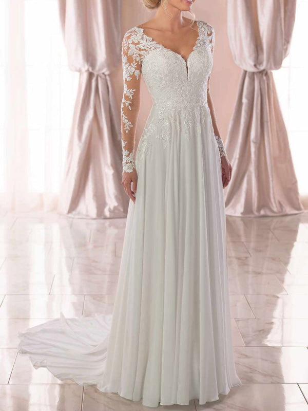 Lace Wedding Dresses Chiffon V Neck A Line Long Sleeve Lace Applique Beach Wedding Bridal Dress With Train