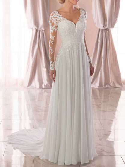 Lace Wedding Dresses Chiffon V Neck A Line Long Sleeve Lace Applique Beach Wedding Bridal Dress With Train
