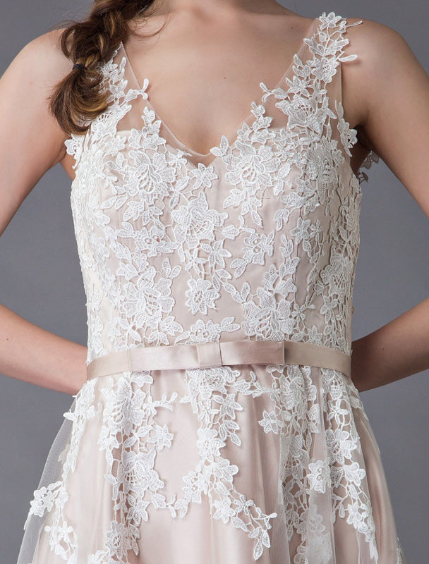 Lace Wedding Dresses High Low Bow Sash Tulle Applique Summer Beach Colored Bridal Gowns Exclusive