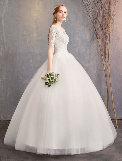 Lace Wedding Dresses Ivory Illusion Half Sleeves Princess Wedding Dress
