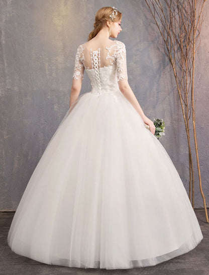 Lace Wedding Dresses Ivory Illusion Half Sleeves Princess Wedding Dress