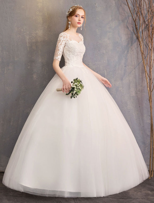Lace Wedding Dresses Ivory Illusion Half Sleeves Princess Wedding Dress