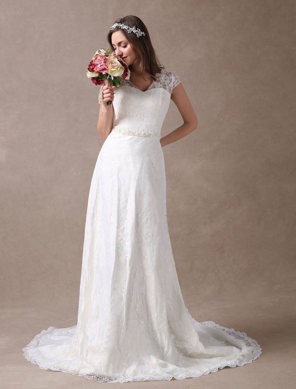 Lace Wedding Dresses Ivory V Neck Chiffon Beading Sash Cap Sleeve Bridal Dress With Train Exclusive