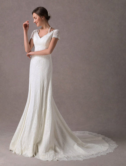 Lace Wedding Dresses Ivory V Neck Short Sleeve A Line Straps Bridal Gowns With Train