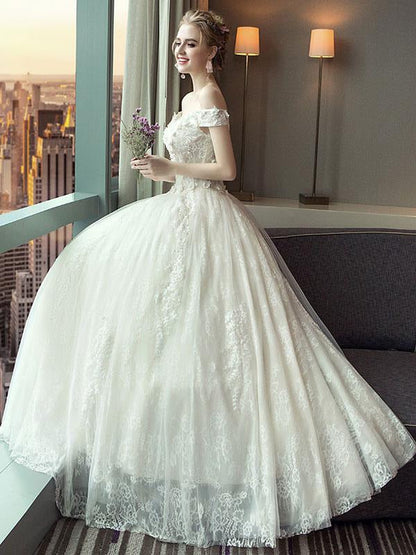 Lace Wedding Dresses Princess Ball Gown Bridal Dress Off The Shoulder Ivory Flowers Applique Floor Length Wedding Gown