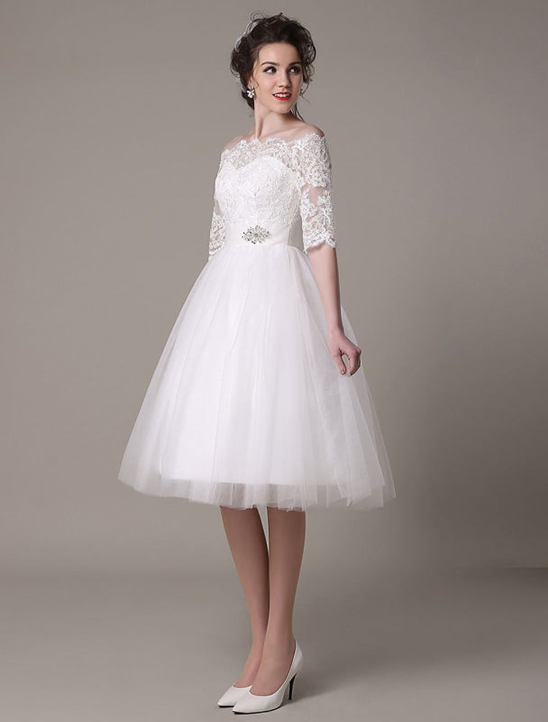 Exclusive Lace Wedding Dresses Short Off The Shoulder A Line Knee Length Rhinestone Bridal Dress