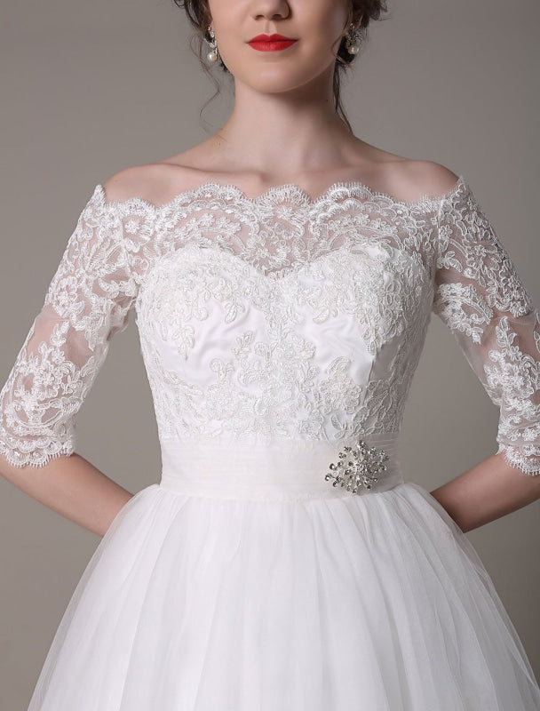 Exclusive Lace Wedding Dresses Short Off The Shoulder A Line Knee Length Rhinestone Bridal Dress